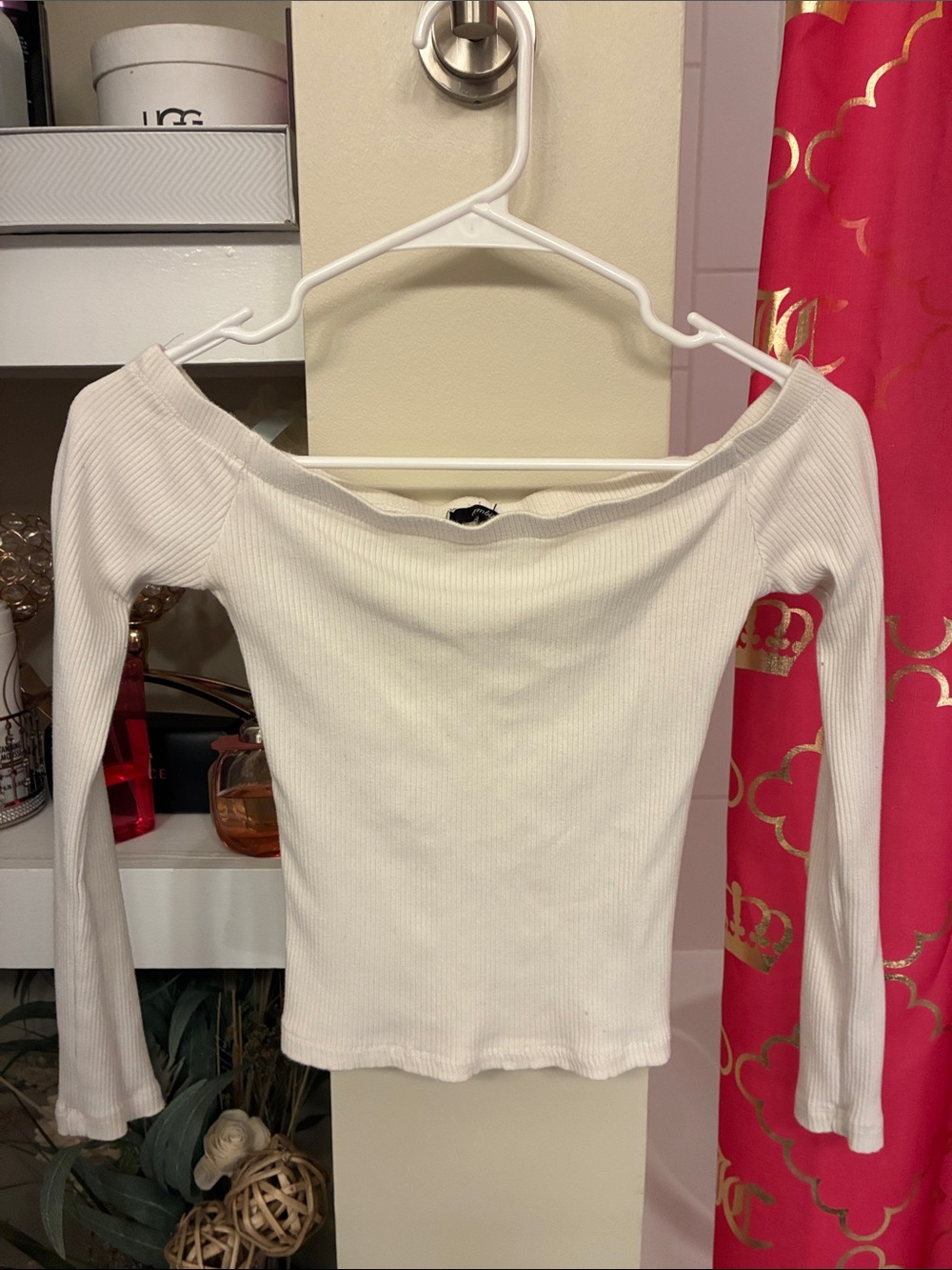 Ambiance Off-Shoulder Ribbed Long Sleeve Top - White